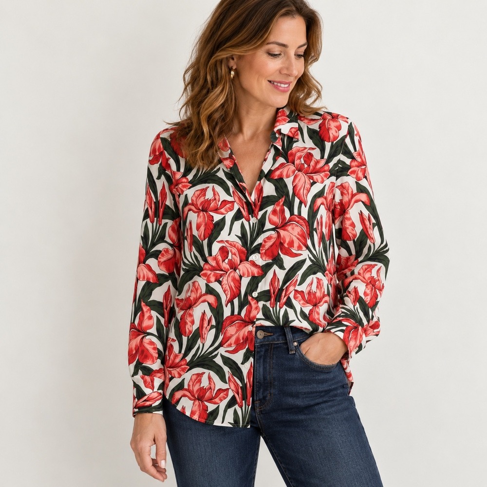 Equipment Femme 100% Silk Red Floral Button Down Blouse Shirt Medium